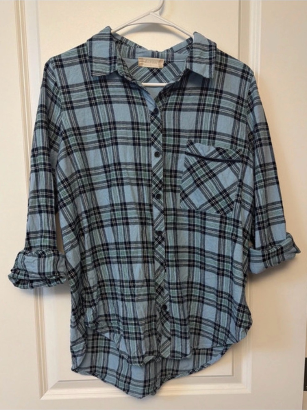 Altar'd State Light Blue and Navy Plaid Button-Down Shirt